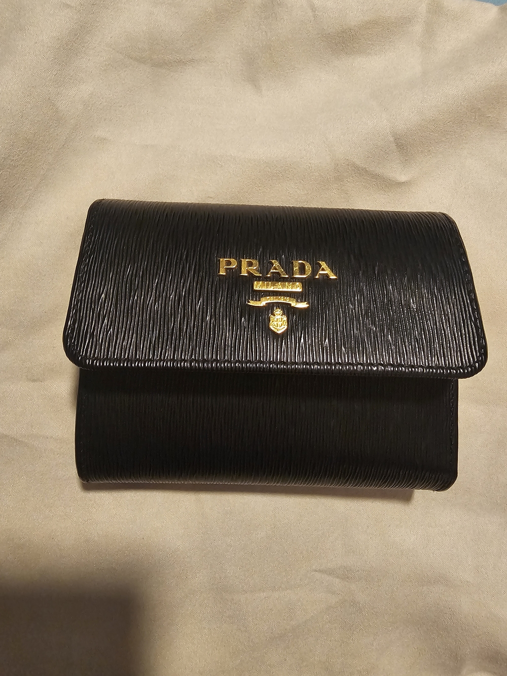 PRADA Black Textured Leather Wallet with Gold Logo